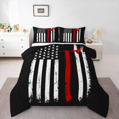 Castle Fairy Teens Firefighter Comforter Set Full Size,American Flag Bedding Set for Kids Boys Adult Bedroom Decoration,Fireman Bed Duvet Insert,Red Black White Comforter with 2 Pillowcase