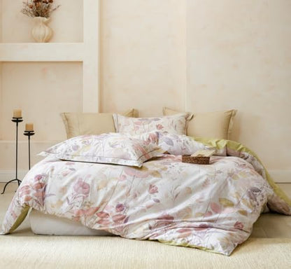Floral Comforter Queen Size - 100% Long Staple Cotton Gradient Reversible Comforter Set 3pcs, Breathable and Hypoallergenic Bedding Set