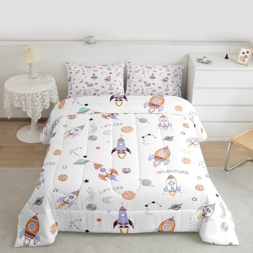 Erosebridal Kids Rocket Comforter King Size for Kids Teens Adults,Cartoon Spaceship Bedding Set,Galaxy Themed Duvet Insert,Planets Outer Space Quilt Bedroom Decor