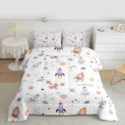 Erosebridal Kids Rocket Comforter King Size for Kids Teens Adults,Cartoon Spaceship Bedding Set,Galaxy Themed Duvet Insert,Planets Outer Space Quilt Bedroom Decor