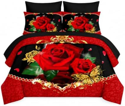 AILONEN 3D Oil Painting Red Rose Comforter Set Twin Size,7-Piece 3D Rose and Butterfly Pattern Bed in a Bag,Comforter & Fitted Sheet with Flat Sheet & 2 Pillowcases,2 Pillow Cases for Bedroom