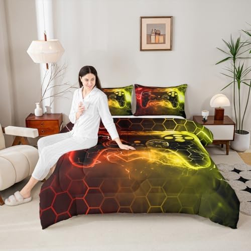 Feelyou Gamer Comforter Toddler Size, Gaming Comforter Set for Kids Red Gamer Bedding Set Game Room Decor Duvet Set Microfiber Bed Set