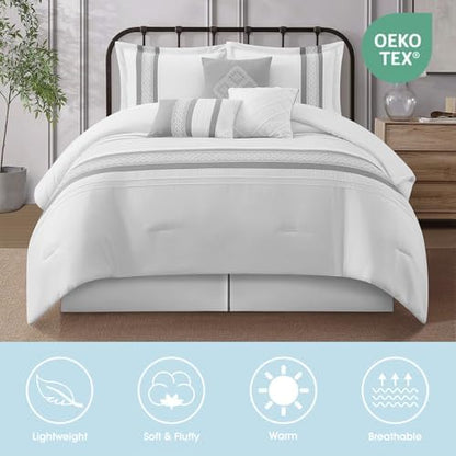 LANCO MODERN LIFESTYLE 7 Piece Comforter Set, Grey White, Queen Size, Boho Style Geometric Microfiber Embroidery, Bed in a Bag with Bedskirt, Pillow Shams and Decor Pillows