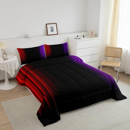 Feelyou Teens Abstract Ombre Decorations Bedding Set for Kids Women Red Purple and Black Comforter Set Geometric Modern Quilt Set Room 3Pcs Queen Size