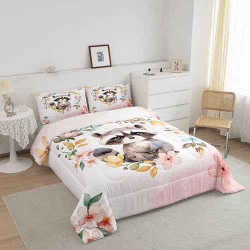 Manfei Cute Raccoon Comforter Set Full Size, Watercolor Flower Quilt Set with 2 Pillowcases, Floral Animal Theme Bedding Set 3pcs for Kids Boy Girls Bedroom Decor Lightweight Duvet Insert