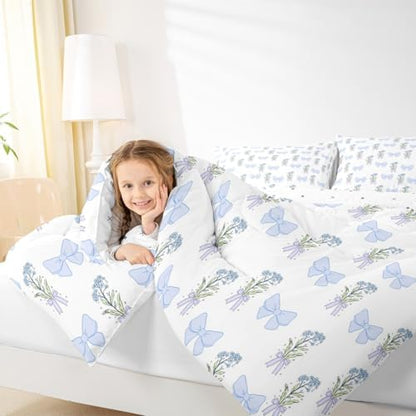 Castle Fairy Blue Bowknot Twin Size Comforter Set for All Seasons,Retro Farmhouse Dreamy Girly Style Bedding Set Teens Bedroom Decor,Cute Blue Flowers Comforter Inner Fill with 1 Pillowcase