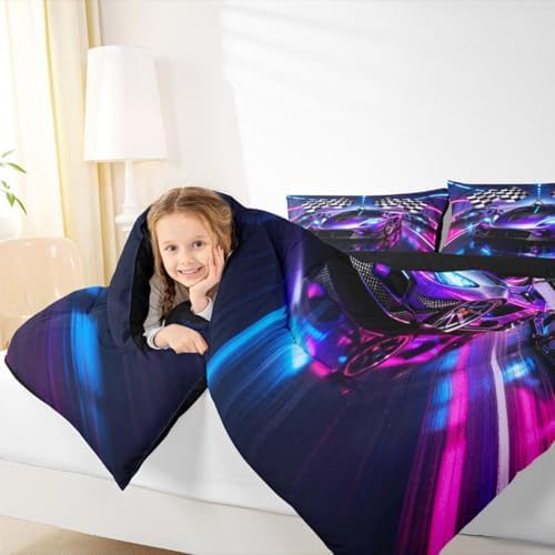 Feelyou Boys Sports Car Comforter Set All Season Racing Car Bedding Set with 2 Pillow Cases Extreme Sports Microfiber Kids King Bedclothes Bedroom Decor Duvet Quilt Breathable Soft Lightweight