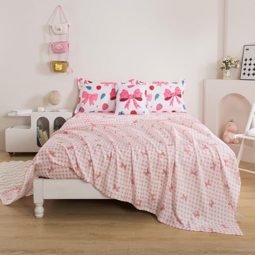 ADASMILE A & S Bows Comforter Twin Size for Girls 6Pcs Pink Bowknot Bedding