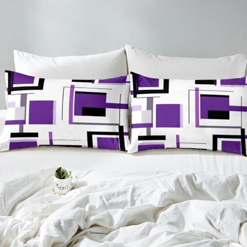 Feelyou Square Bed Sheets Purple Black White Sheet Set for Kids Boys Girls Modern Geometric Grid Bed Set Simple Graphic Decor Sheets with 2 Pillowcases 4Pcs Bedding Full