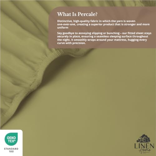 Linen Home 100% Cotton Percale Twin Size Fitted Sheet only, Oil Green