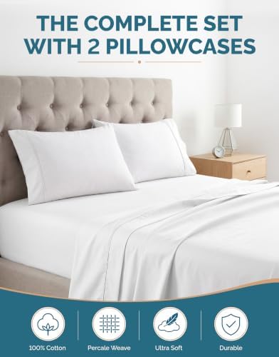 Casa Platino Twin XL Sheets Set –100% Cotton Twin XL Sheets with 2 Pillowcases, Lightweight Feel & Secure Fit, Crisp & Breathable Percale Weave with 15" Deep Pocket, Soft and Cozy – Pure White