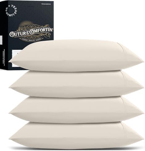 TEXAS LINEN CO. 100% Egyptian Cotton Standard/Queen Size Pillow Cases Set of 4 - Luxury 1500 Series Couture Comfortin' Collection Cotton Pillowcases (2 Pair, Ivory), Breathable, Sateen Pillow Covers