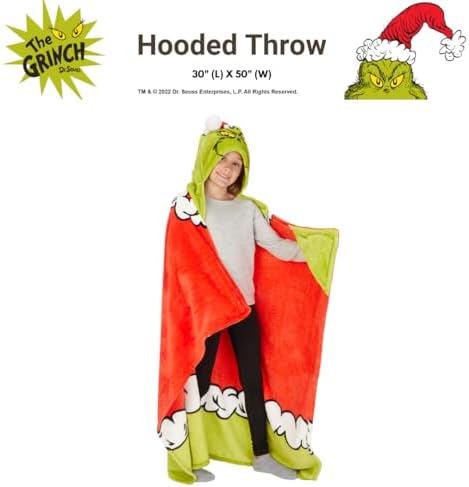 Franco Dr. Seuss The Grinch Holiday Christmas Kids Bedding Soft Cozy Hooded Throw Blanket, 40 in x 50 in, (Officially Licensed Product)