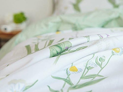 FADFAY Duvet Cover Set Full Shabby Green Daisy and Lavender Flowers Botanical Comforter Cover 100% Cotton with Hidden Zipper Closure 3-Piece, 1 Duvet Cover & 2 Pillowcases Full Size