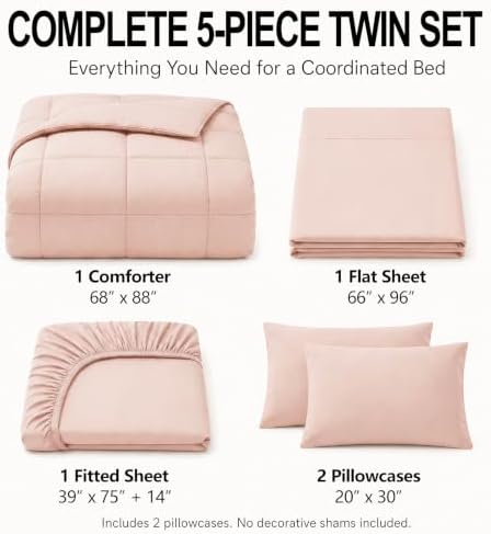 CozyLux Twin Comforter Set Blush Pink - 5 Pieces Bed in a Bag