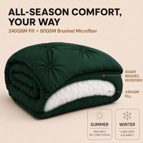 HIMEET Queen Comforter Set Emerald Green - 7 Pieces Pintuck Bed in a Bag