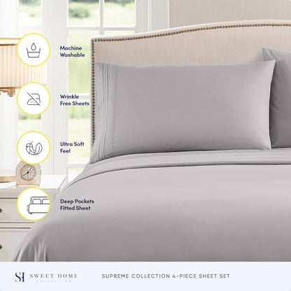 Twin Sheets - Breathable Luxury Sheets with Full Elastic & Secure Corner Straps Built In - 1800 Supreme Collection Extra Soft Deep Pocket Bedding Set, Sheet Set, EXTRA DEEP pocket - Twin, Silver