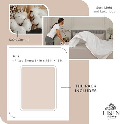 Linen Home 100% Cotton Percale Fitted Sheet only, Full Size, Sand Shell