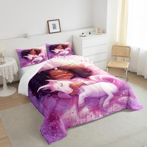 Black Cartoon Girl Comforter Set Queen Size,Cute Unicorn Castle Princess Bedding Set,Girls Women Room Decor,Girls African Glitter Sequins Down Comforter,Purple Romantic Duvet Insert,2 Pillowcases