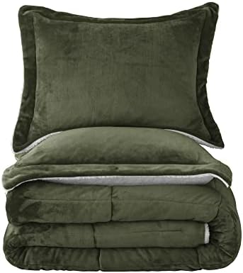 Seward Park Olive Green Sherpa Comforter Set Full Queen Size, All Season Soft Warm Fleece Fall Blanket, Winter Bedding Sets with 2 Pillow Shams