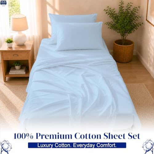 Cottingon 4 PC Cot Sheet Set 25"X75", Egyptian Cotton, Light Blue