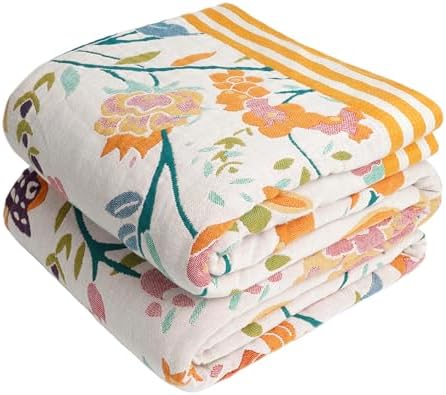 VANJOROY Boho Throw Blanket, 100% Organic Cotton Breathable Ultra Soft 91" x 98" Bed Quilt Throw - All Season Floral Rustic Farmhouse Decor Luxury Reversible Blanket for Sofa Couch Chair and Gift