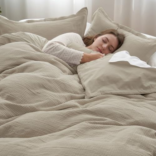PHF 100% Cotton Muslin Duvet Cover Queen Size 3-Layer, 90"x90", Taupe