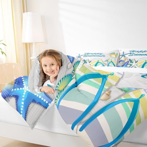 Beach Comforter Set Full Ocean Starfish Shell and Stripes Flip Flops Bedding Set Romantic Hawaii Holiday Quilted Duvet for Kids Teens Adult,White Rustic Farmhouse Wooden Board Duvet Insert 3pcs