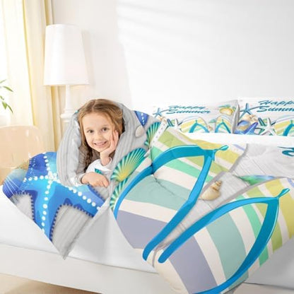 Beach Comforter Set Full Ocean Starfish Shell and Stripes Flip Flops Bedding Set Romantic Hawaii Holiday Quilted Duvet for Kids Teens Adult,White Rustic Farmhouse Wooden Board Duvet Insert 3pcs