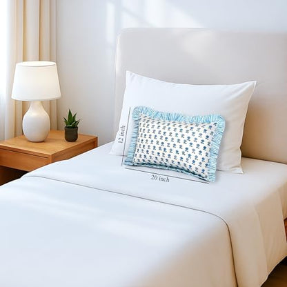 CPC Block Print Arctic Blue Ruffle Cotton Lumbar Pillow Cover 12x20 inch