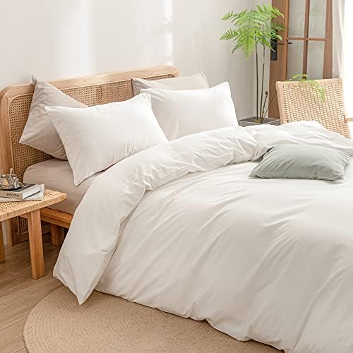 BESTOUCH Cotton Solid Duvet Cover Set Linen Feel Off White Super Queen