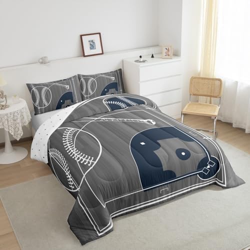 Erosebridal Boys Baseball Queen Size Comforter Set for Kids Child Sports Theme Bedding Set, Ball Gamer Down Comforter Polka Dots Printed Reversible Bed Set, Grey Quilted Duvet