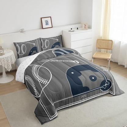 Erosebridal Boys Baseball Queen Size Comforter Set for Kids Child Sports Theme Bedding Set, Ball Gamer Down Comforter Polka Dots Printed Reversible Bed Set, Grey Quilted Duvet
