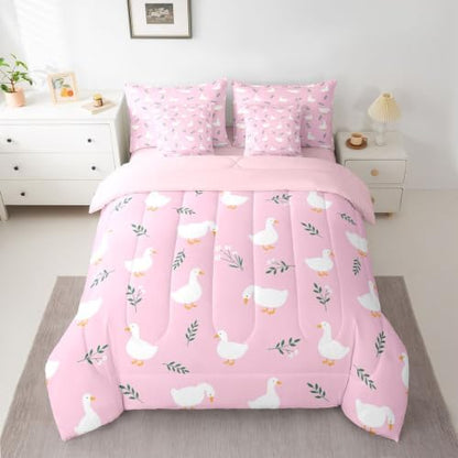 Erosebridal Cute Silly Goose Twin Bedding Set Girls Cartoon Ducks 7 Pieces Comforter Set with Sheets for Kids Teens Funny Animals Bed in a Bag Pink Farmhouse Floral Bed Sets
