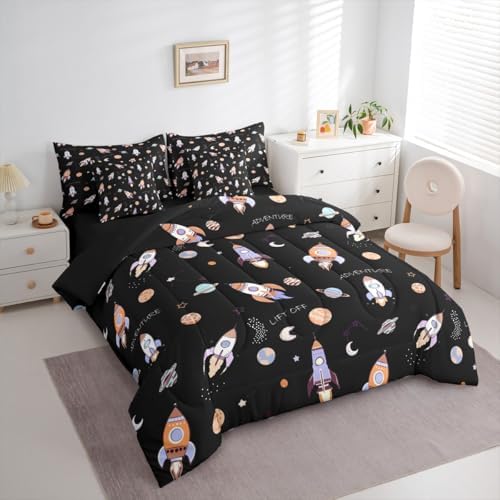 Kids Cartoon Rocket 7 Pieces Bedding Set Queen Size,Planets Galaxy Bed in a Bag,Hand-Drawn Spaceship Bed Set Includes Comforter,Sheet Set,Pillowcases & Pillow Covers,Starry Outer Space Bedroom Decor