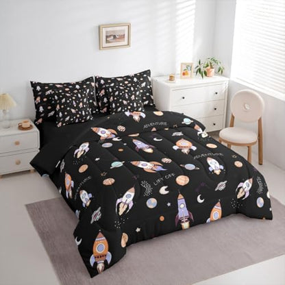 Kids Cartoon Rocket 7 Pieces Bedding Set Queen Size,Planets Galaxy Bed in a Bag,Hand-Drawn Spaceship Bed Set Includes Comforter,Sheet Set,Pillowcases & Pillow Covers,Starry Outer Space Bedroom Decor