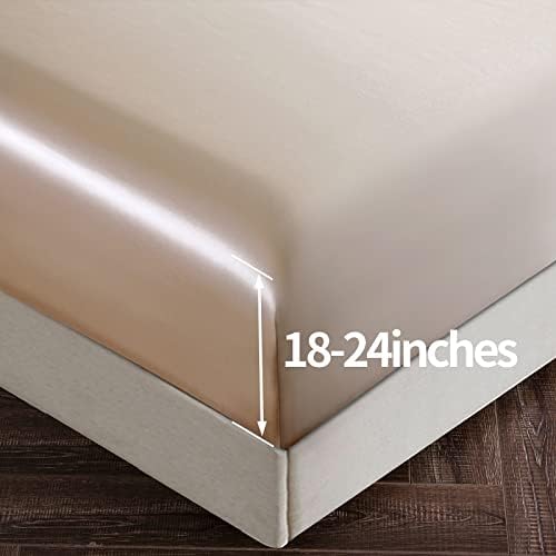 SiinvdaBZX 4Pcs Extra Deep Pocket Satin Sheet Set King Size, Beige