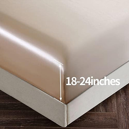 SiinvdaBZX 4Pcs Extra Deep Pocket Satin Sheet Set King Size, Beige