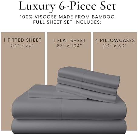 Bamboo Bay 6 Piece Full Size Sheet Set, 100% Viscose Made from Bamboo, Breathable, Ultra Soft Cooling Bed Sheets for Hot Sleepers, Beddings with Deep Pockets Fit 16" Mattress, Dark Grey