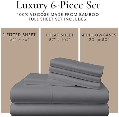 Bamboo Bay 6 Piece Full Size Sheet Set, 100% Viscose Made from Bamboo, Breathable, Ultra Soft Cooling Bed Sheets for Hot Sleepers, Beddings with Deep Pockets Fit 16" Mattress, Dark Grey