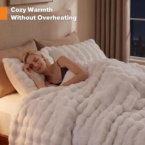 YIKUSH Queen Faux Fur Soft Comforter Set, Fluffy White Rabbit Fur Comforter