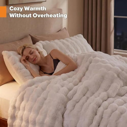 YIKUSH Queen Faux Fur Soft Comforter Set, Fluffy White Rabbit Fur Comforter