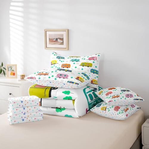Erosebridal Cartoon RV Comforter Set King Size,Happy Camping Bedding Set for Kids Teens,Kids Doodle Trees (Comforter+Fitted+Flat Sheet+2 Pillowcases+2 Throw Pillow Covers) 7 Pieces Bed Set