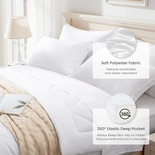 Love's cabin Oversized Queen Comforter Set, 7 Pieces Bed in a Bag, All Season Bedding Sets with 1 Comforter, 1 Flat Sheet, 1 Fitted Sheet, 2 Pillowcase and 2 Pillow Sham, White