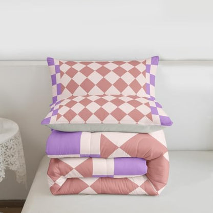 Feelyou Checkered Geometric Comforter Set All Season Pink Purple Plaid Bedding Set with 1 Pillow Cases Checkerboard Modern Aesthetic Kids Toddler Bedclothes Reversible Grey Bedroom Decor Duvet Quilt