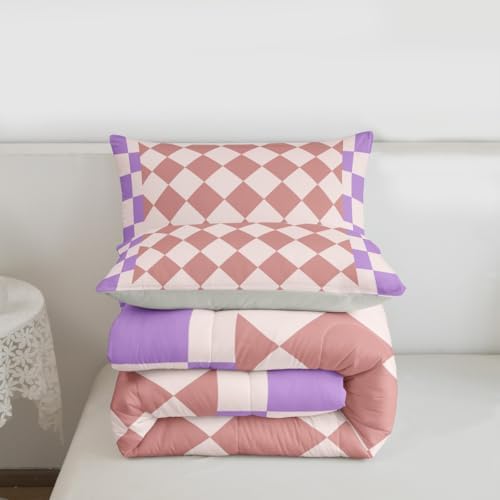 Feelyou Checkered Geometric Comforter Set All Season Pink Purple Plaid Bedding Set with 2 Pillow Cases Checkerboard Modern Aesthetic Kids Full Bedclothes Reversible Grey Bedroom Decor Duvet Quilt