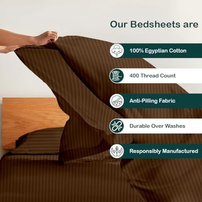 NON Sticky cotton Full 4 Piece Sheet Set, 100% Long Staple Cotton, Soft Cooling Hotel Luxury Bedding Sheets, Deep Pocket Fits 10" to 18" Mattress, 54" x 75", Chocolate Stripe