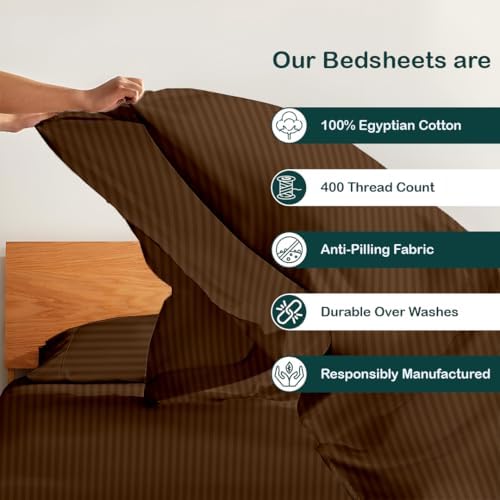 NON Sticky cotton Queen 4 Piece Sheet Set, 100% Long Staple Cotton, Soft Cooling Hotel Luxury Bedding Sheets, Deep Pocket Fits 10" to 18" Mattress, 60" x 80", Chocolate Stripe