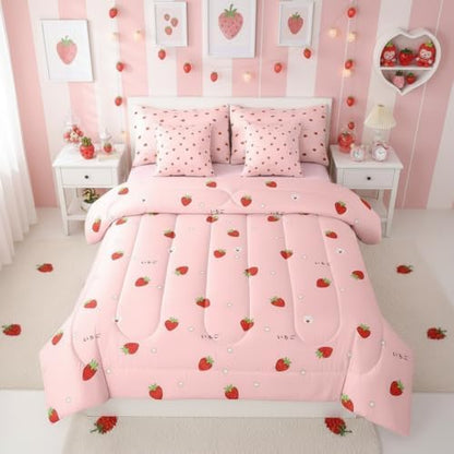 Erosebridal Girls Strawberry 7 Piece Bedding Set Queen Size Kawaii Bed in A Bag Kids Japanese Style Pink Cute Cartoon Fruit Food Theme Comforter with Sheets Girly White Floral Bed Sets