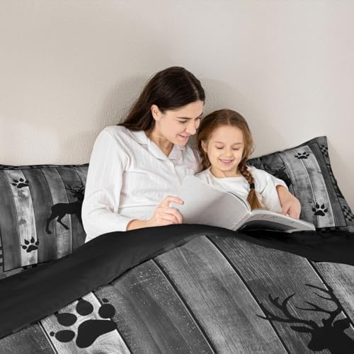 Homewish Deer Bear Down Comforter Queen Size,Hunting and Adventure Bedding Sets 3Pcs for Kids Girls Boys Women Room Decor,Natural Wild Animals Quilted Duvet Rustic Lodge Plaid Bedspread,2 Pillowcases